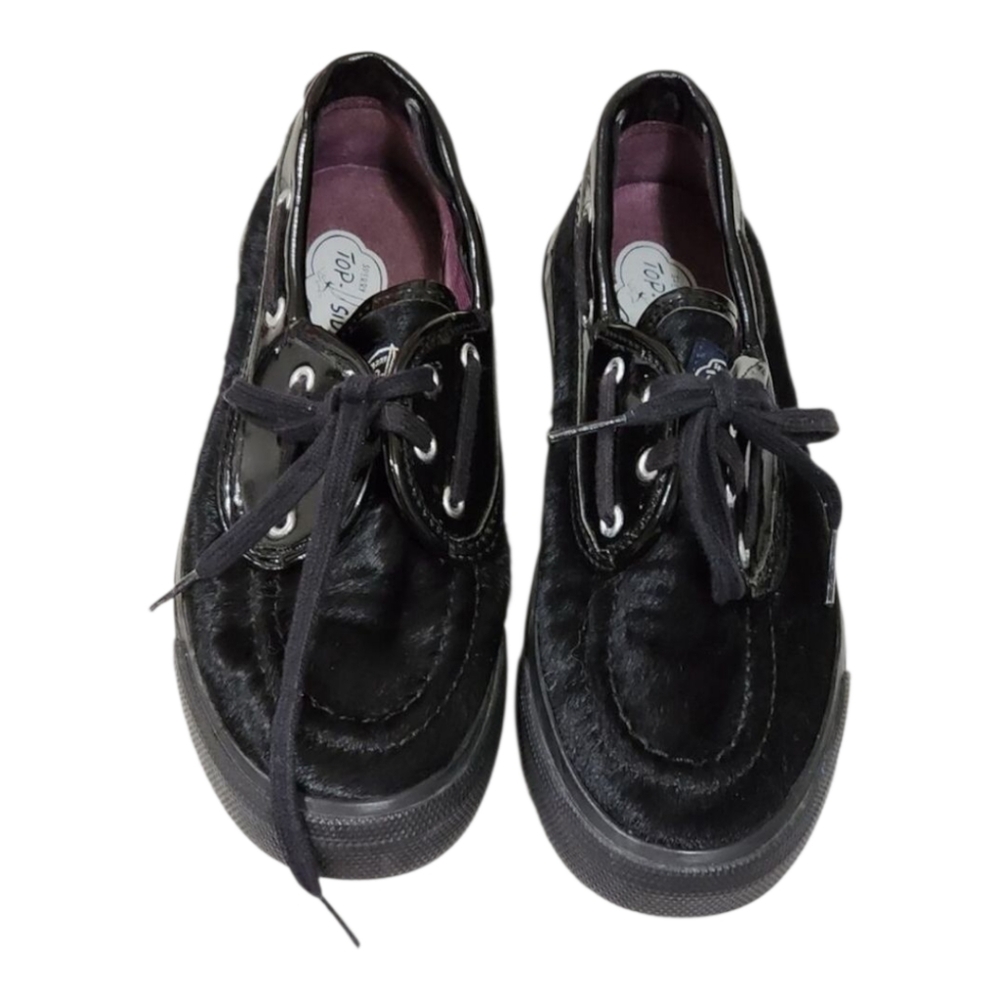 Sperry Top-Sider Boat Shoes Loafers Black Faux Fur Patent Leather Accents Size 7